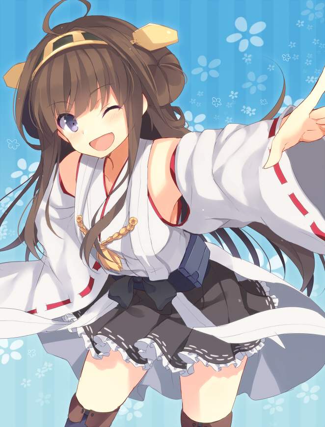 1girl ahoge bent_over brown_hair grey_eyes hair_ornament japanese_clothes kantai_collection kongou_(kantai_collection) long_hair long_sleeves looking_at_viewer marotti miko open_mouth personification revision smile solo thighhighs very_long_hair wide_sleeves wink zettai_ryouiki