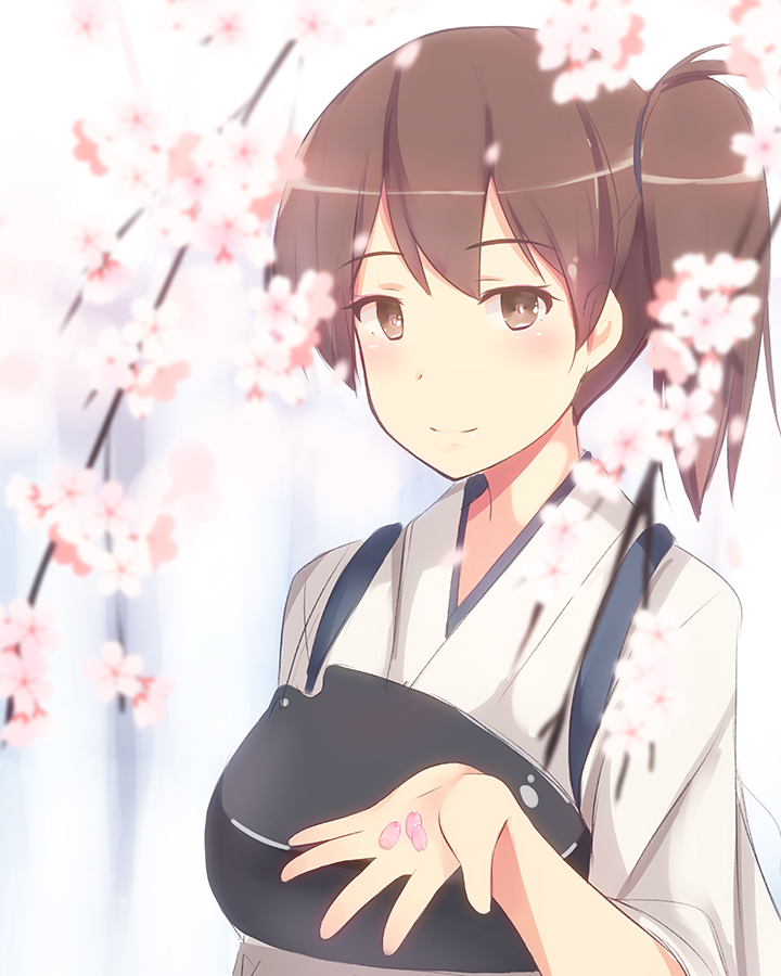 1girl blush breasts brown_eyes brown_hair cherry_blossoms japanese_clothes kaga_(kantai_collection) kantai_collection muneate personification short_hair shuuichi side_ponytail smile solo