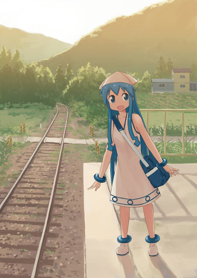 1girl bag blue_eyes blue_hair dress hat ikamusume isou_nagi long_hair railroad_tracks shinryaku!_ikamusume tentacle_hair