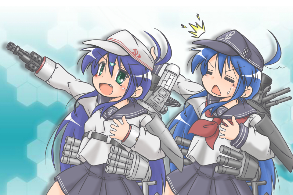 2girls ahoge android blue_hair closed_eyes cosplay dual_persona fang gaketsu hat hibiki_(kantai_collection) hibiki_(kantai_collection)_(cosplay) izumi_konata kantai_collection long_hair multiple_girls personification school_uniform serafuku verniy_(kantai_collection) verniy_(kantai_collection)_(cosplay)