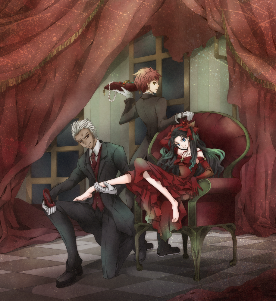 1girl 2boys archer barefoot black_hair blue_eyes curtains dark_skin dress elbow_gloves emiya_shirou fate/stay_night fate_(series) formal gloves multiple_boys redhead suit tohsaka_rin toosaka_rin toroakikan white_hair