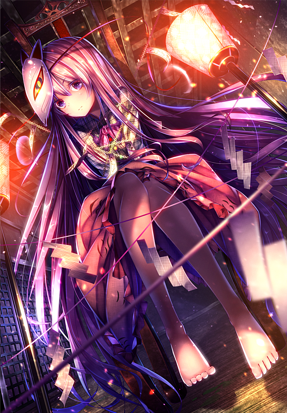 1girl barefoot bow chain chained expressionless face_mask fox_mask hata_no_kokoro highres lantern long_hair long_sleeves mask pink_hair ryosios shirt sitting skirt solo touhou very_long_hair violet_eyes wide_sleeves