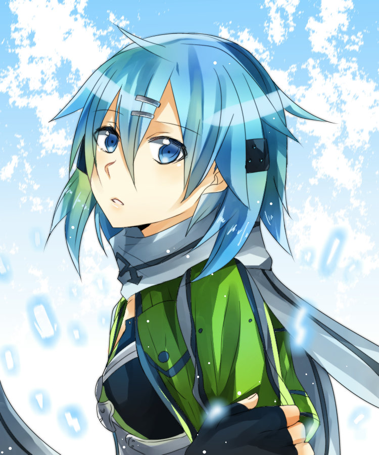 1girl blue_eyes blue_hair fingerless_gloves getsuyoubi gloves scarf shinon_(sao) short_hair sword_art_online