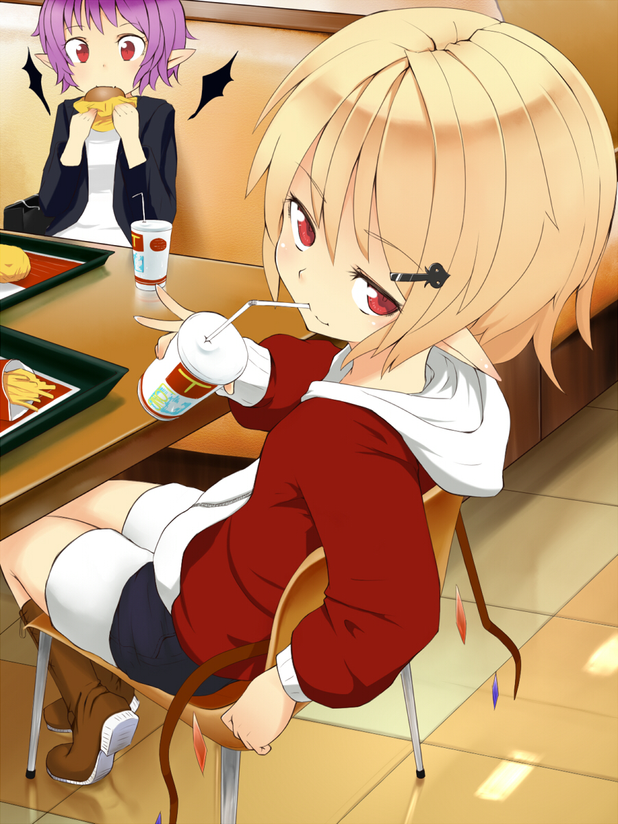 2girls alternate_costume bat_wings blonde_hair chair drinking_cup drinking_straw fast_food flandre_scarlet food french_fries hair_ornament hairclip hamburger highres laevatein long_sleeves looking_at_viewer looking_back mantarou_(shiawase_no_aoi_tori) multiple_girls open_clothes open_jacket pointy_ears purple_hair red_eyes remilia_scarlet shirt shorts siblings sisters sitting smile table tile_floor tiles touhou tray wings