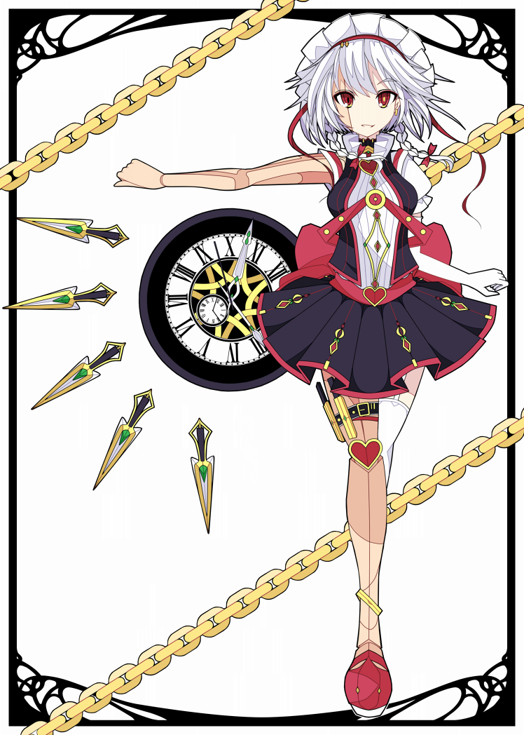 1girl akiposo2580 alternate_costume chain clock doll_joints elaborate_frame frame heart ideolo_(style) izayoi_sakuya knife looking_at_viewer maid maid_headdress open_vest outstretched_arm red_eyes revision shirt silver_hair single_thighhigh skirt solo thigh-highs touhou