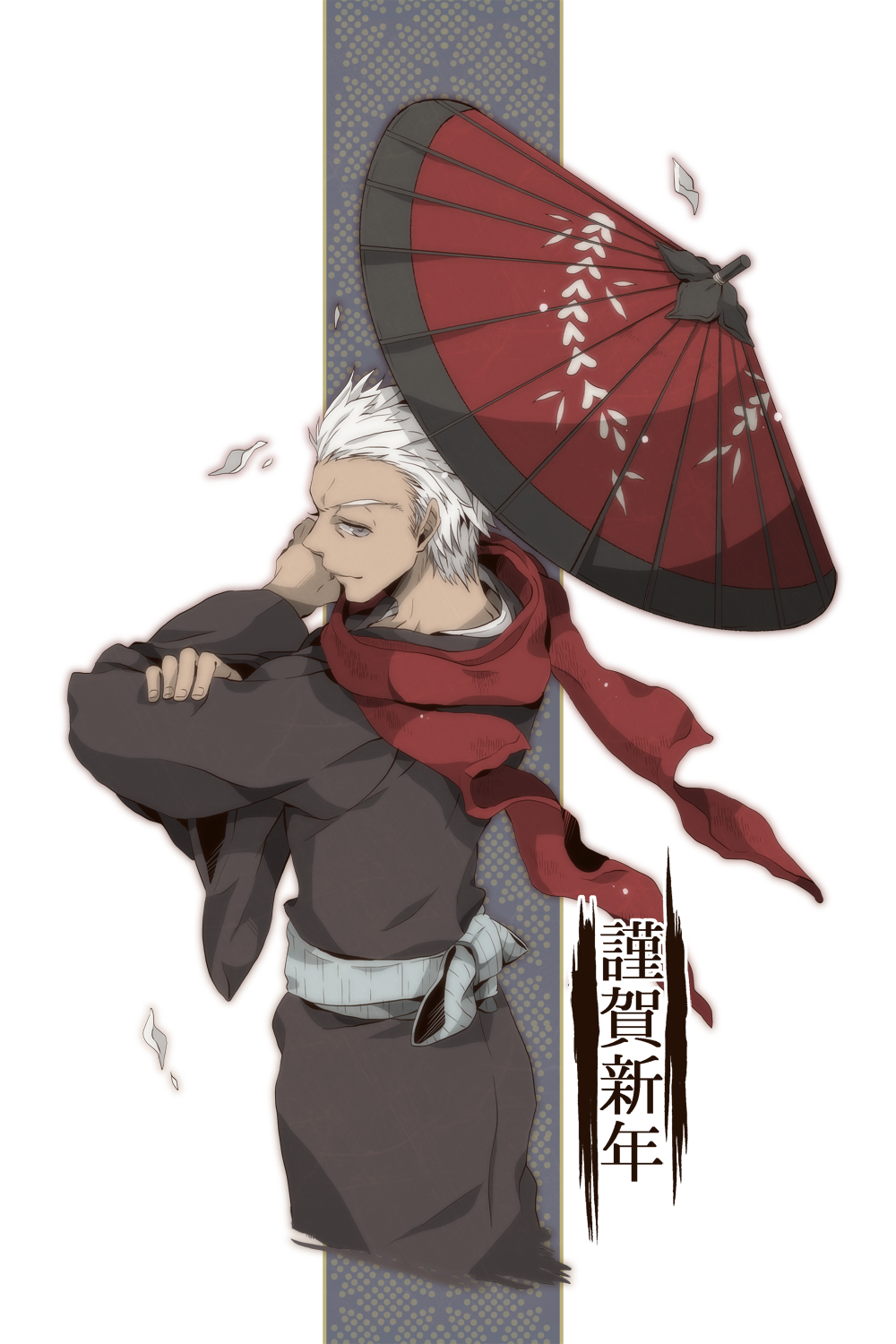 1boy archer dark_skin fate/stay_night fate_(series) highres japanese_clothes kimono parasol red_scarf scarf solo toroakikan umbrella white_hair