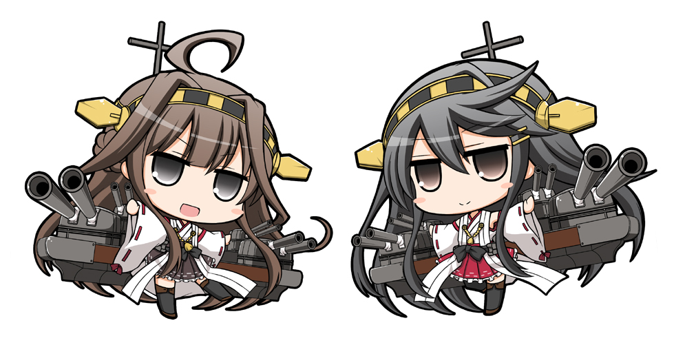 2girls ahoge angeltype black_eyes black_hair blush_stickers brown_eyes brown_hair chibi detached_sleeves hairband haruna_(kantai_collection) japanese_clothes kantai_collection kongou_(kantai_collection) long_hair machinery multiple_girls nontraditional_miko open_mouth personification siblings sisters smile thighhighs turret wide_sleeves