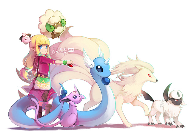 1girl absol bag blonde_hair blue_eyes bracelet cleffa creature crossover dragonair espeon finni_chang jewelry long_hair ninetales pokemon pokemon_(creature) princess_zelda skyward_sword smile the_legend_of_zelda whimsicott