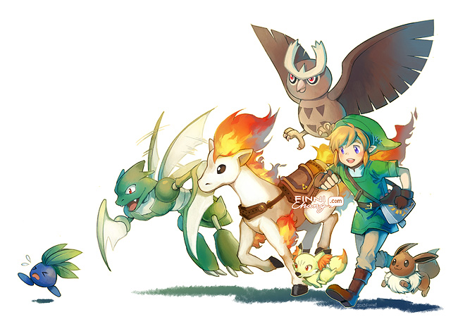 1boy bird blonde_hair blue_eyes crossover eevee fennekin finni_chang gloves hat horse link nintendo noctowl oddish plant pointy_ears pokemon pokemon_(creature) ponyta red_eyes scyther skyward_sword smile the_legend_of_zelda