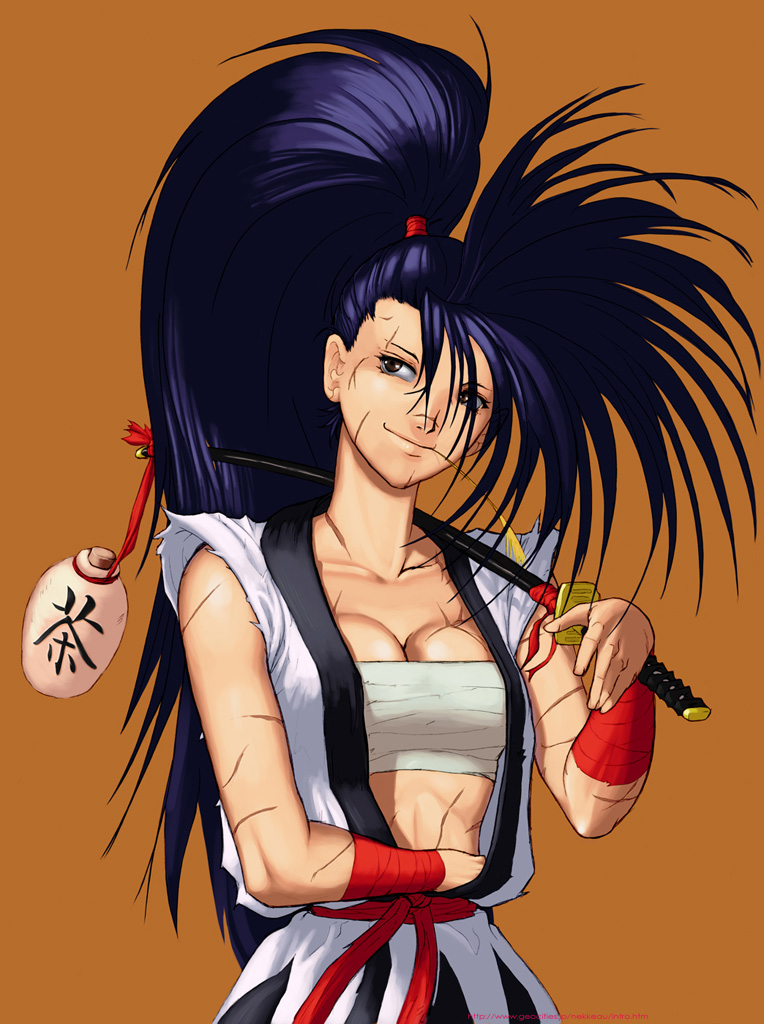 1girl artist_request asymmetrical_hair black_hair breasts brown_eyes cleavage collarbone fringe genderswap gourd haoumaru high_heels japanese_clothes mouth_hold over_shoulder samurai_spirits sarashi scar sleeveless solo straw weapon weapon_over_shoulder