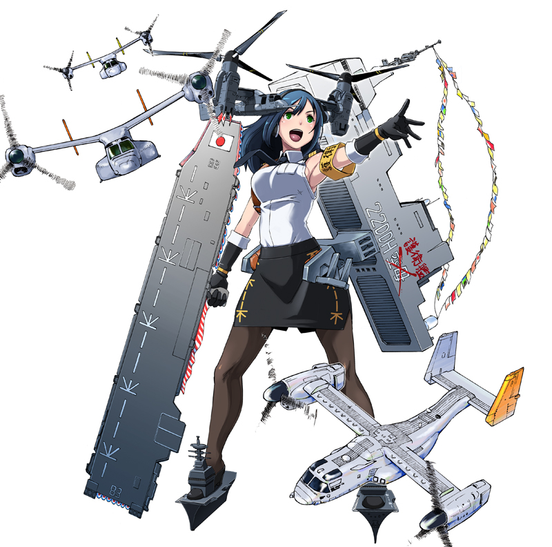1girl airplane armband black_gloves blue_hair breasts eroquis gloves green_eyes headgear huge_weapon izumo_22ddh japan_maritime_self-defense_force kantai_collection mecha_musume military necktie original outstretched_hand pantyhose personification skirt sleeveless translation_request v-22_osprey weapon