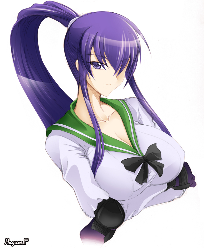 1girl artist_name bow breasts bust busujima_saeko cleavage elbow_pads gloves haganef hair_over_one_eye high_ponytail highschool_of_the_dead long_hair purple_hair school_uniform solo violet_eyes white_background