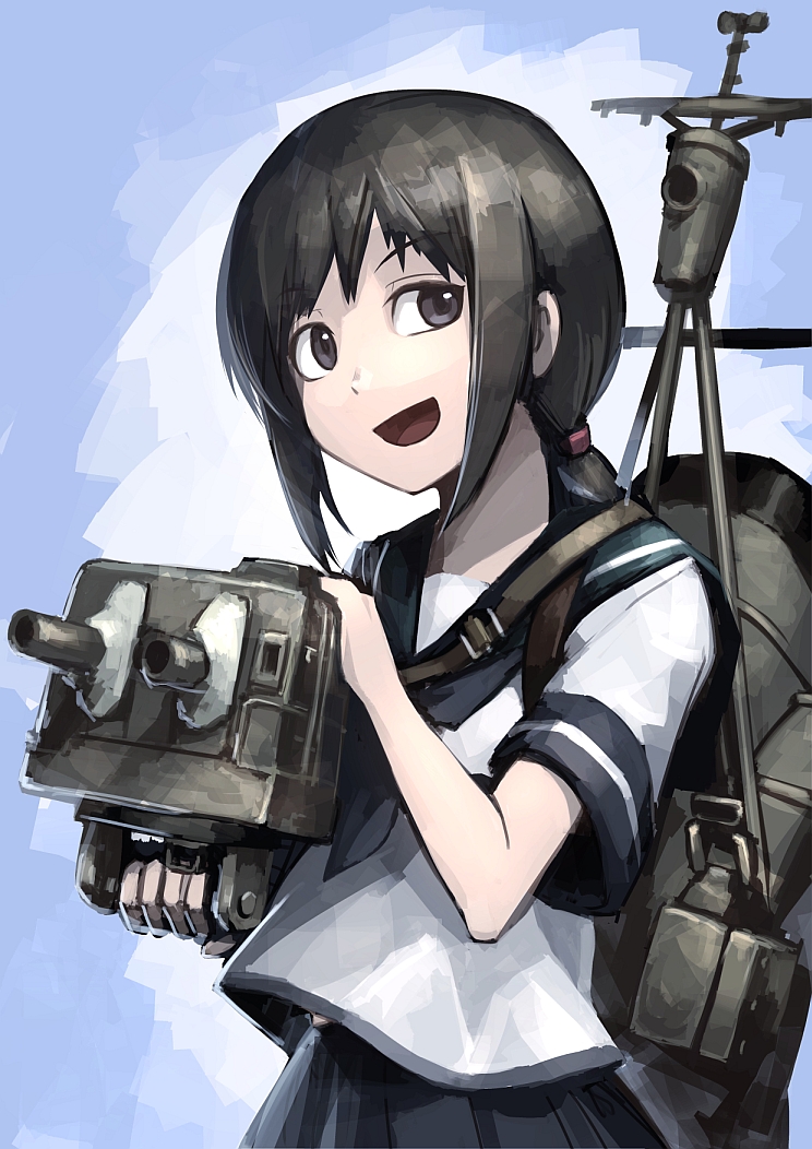 1girl black_eyes black_hair braid hetza_(hellshock) isonami_(kantai_collection) kantai_collection long_hair looking_at_viewer open_mouth personification school_uniform serafuku short_sleeves skirt smile solo