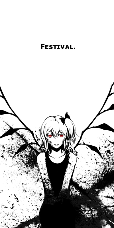 1girl blood blood_on_face blood_splatter bow dress english flandre_scarlet hair_bow hips monochrome parted_lips red_eyes side_ponytail simple_background slash sleeveless sleeveless_dress solo spot_color spread_wings text_focus touhou upper_body uruo white_background