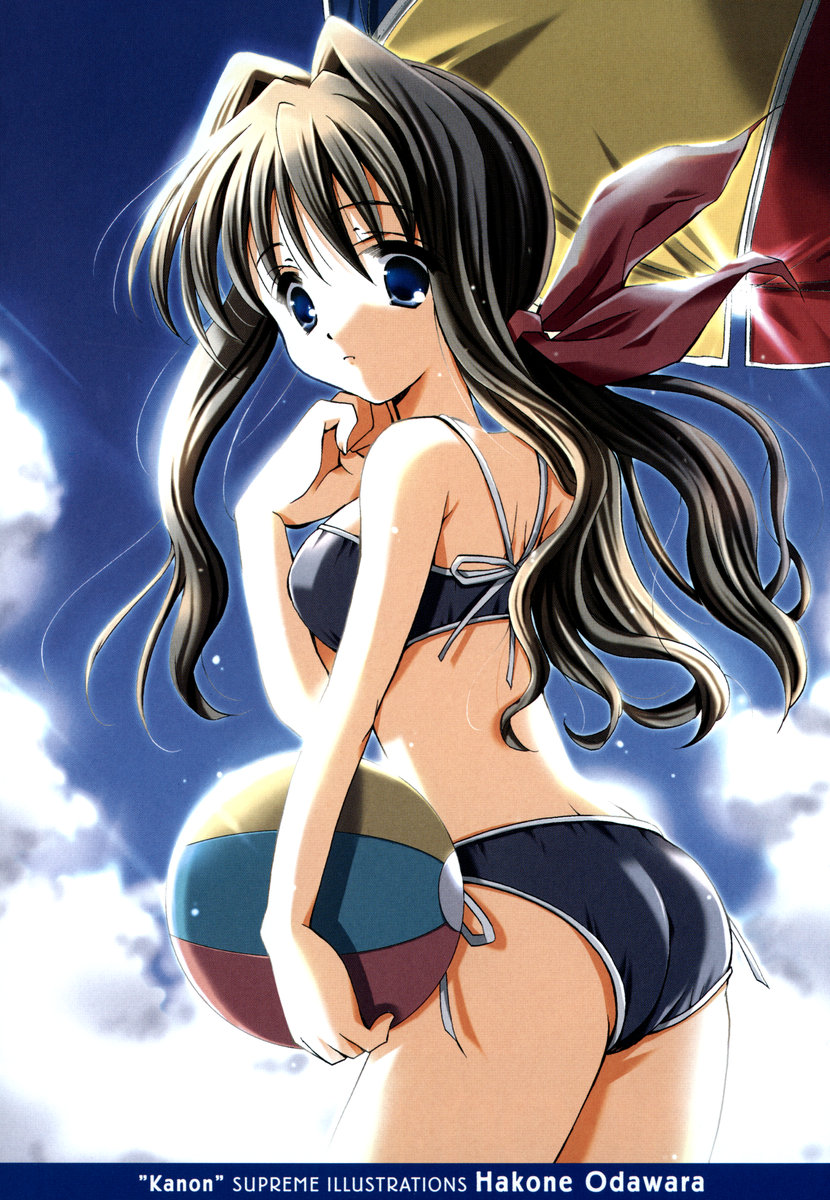 1girl bikini black_hair blue_eyes highres kanon long_hair misaka_kaori ribbon solo swimsuit