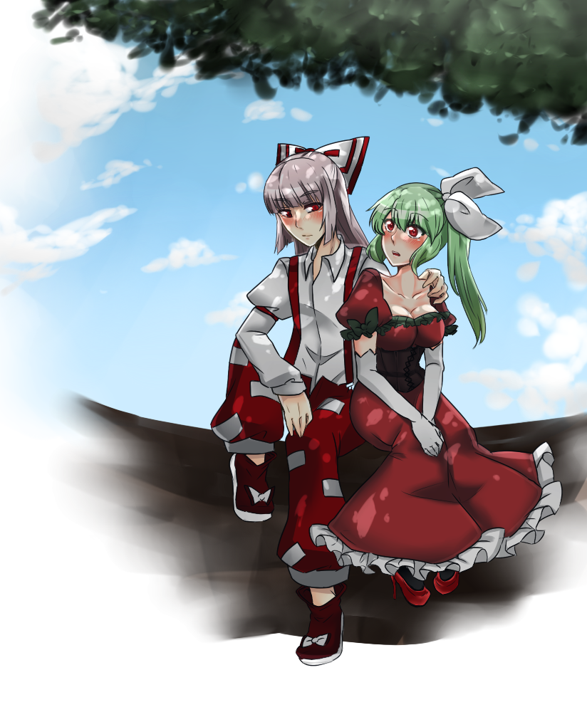 2girls blush clouds dress elbow_gloves fujiwara_no_mokou full_body gensei_ruri gensei_ruri_(character) gloves hand_on_another's_shoulder hands_together in_tree multiple_girls original red_dress red_eyes shade side_ponytail sitting sitting_in_tree sky surprised suspenders touhou tree v_arms yuri