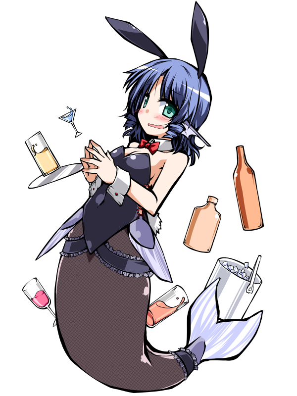 1girl animal_ears bare_shoulders blue_hair blush bottle bowtie breasts bucket bunny_girl bunny_tail bunnysuit cleavage cup detached_collar fishnet_pantyhose fishnets green_eyes head_fins hemogurobin_a1c ice mermaid monster_girl open_mouth pantyhose rabbit_ears short_hair solo tail touhou tray wakasagihime wrist_cuffs