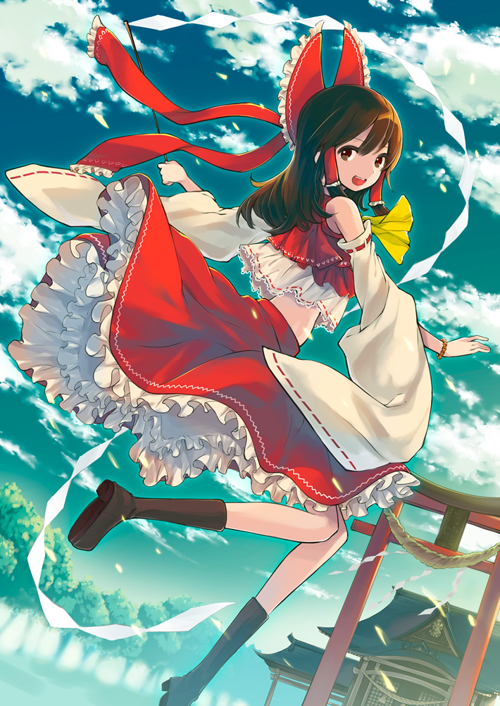 1girl ascot bare_shoulders blue_sky bow bracelet brown_eyes brown_hair cloud_palette clouds detached_sleeves forest gohei hair_bow hair_tubes hakurei_reimu hakurei_shrine jewelry long_sleeves looking_at_viewer looking_back midriff nature open_mouth rope shimenawa shirt skirt skirt_set sky smile solo torii touhou wide_sleeves