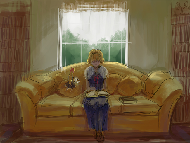 2girls alice_margatroid blonde_hair blue_dress book book_on_lap bookshelf capelet couch cup doll dress floating hairband holding_plate indoors multiple_girls reading red_ribbon ribbon saucer shanghai_doll sitting sky touhou tree uruo window