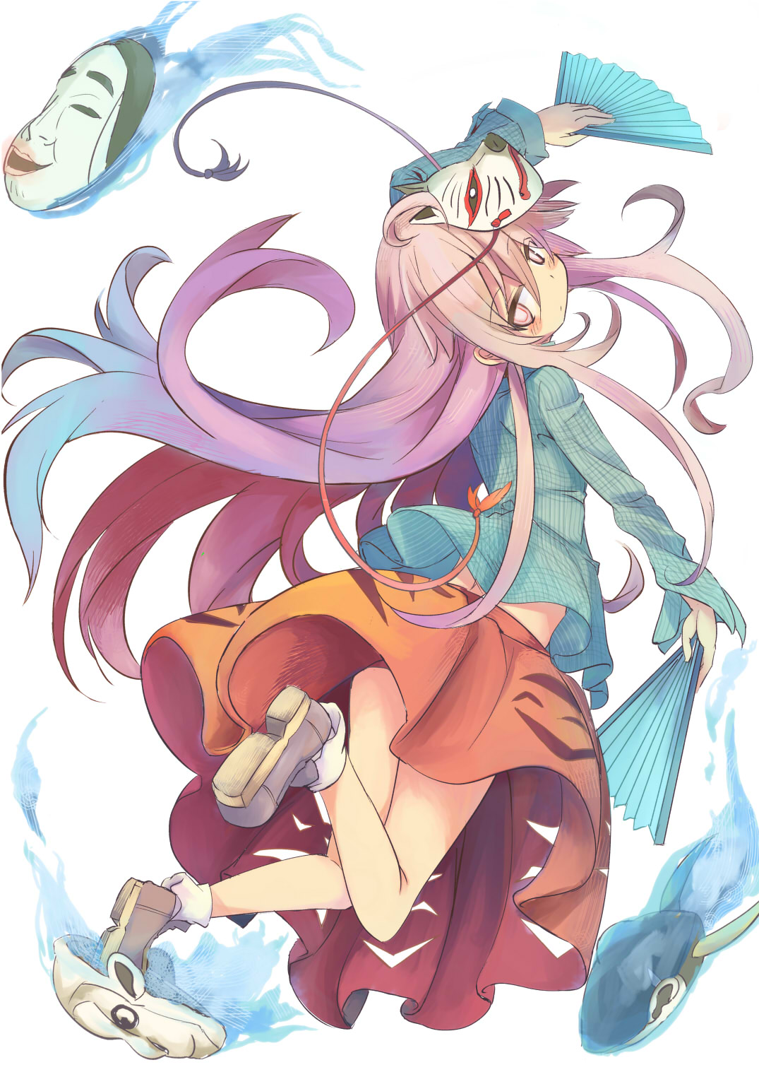 1girl bow dancing dual_wielding expressionless face_mask fan fox_mask hata_no_kokoro highres long_hair long_sleeves looking_at_viewer looking_back majima mask monkey_mask oni_mask pink_eyes pink_hair shirt simple_background skirt solo touhou very_long_hair white_background wide_sleeves
