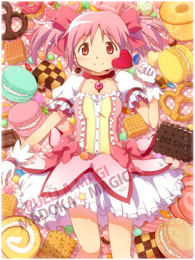 1girl candy cookie copyright_name food gloves hair_ribbon kaname_madoka lollipop looking_at_viewer macaron mahou_shoujo_madoka_magica pastry pink_eyes pink_hair pretzel ribbon shiomiya_(moshimoshi102) short_hair skirt smile solo twintails white_gloves