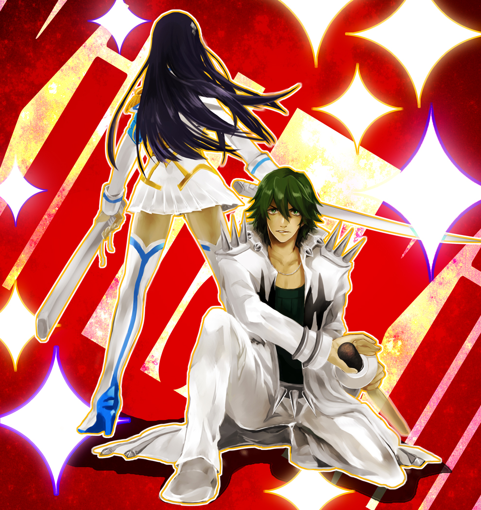 1boy 1girl areno black_hair boots dress green_hair kill_la_kill kiryuuin_satsuki one_knee sanageyama_uzu shinai sword thigh_boots thighhighs weapon