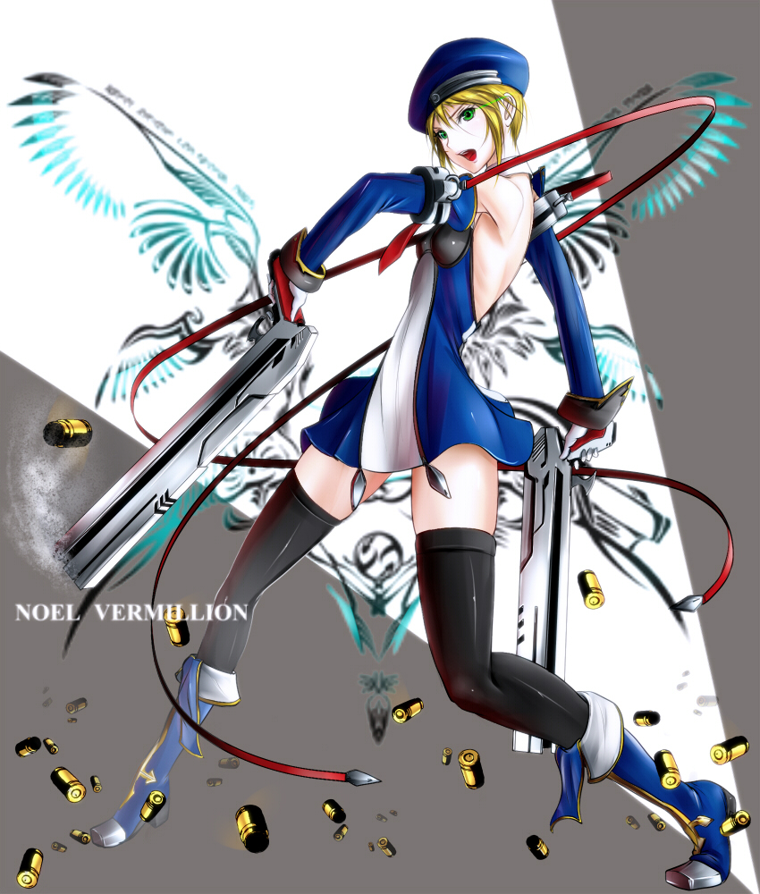 1girl beret black_legwear blazblue blonde_hair bolverk character_name detached_sleeves dual_wielding gloves green_eyes gun hat kinakogm necktie noel_vermillion short_hair solo thighhighs weapon