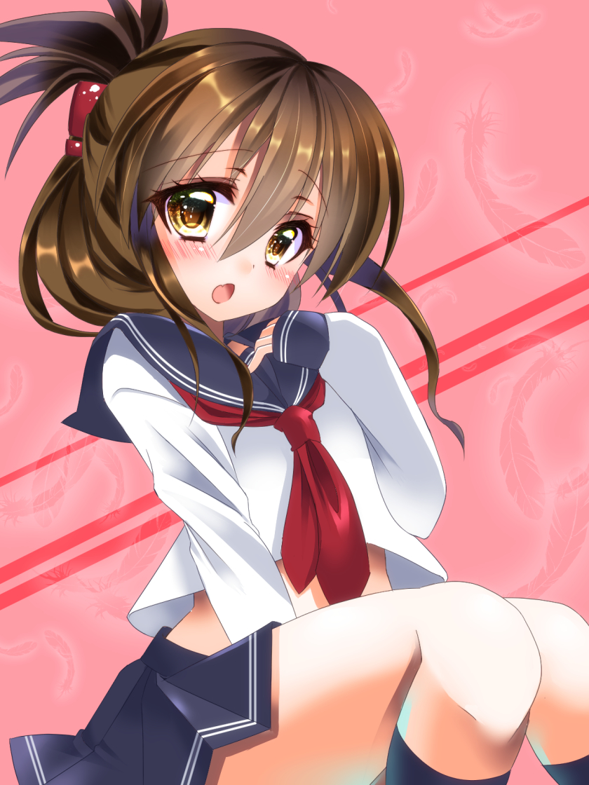 brown_eyes brown_hair folded_ponytail hair_ornament inazuma_(kantai_collection) kantai_collection long_hair long_sleeves open_mouth personification pink_background school_uniform serafuku skirt