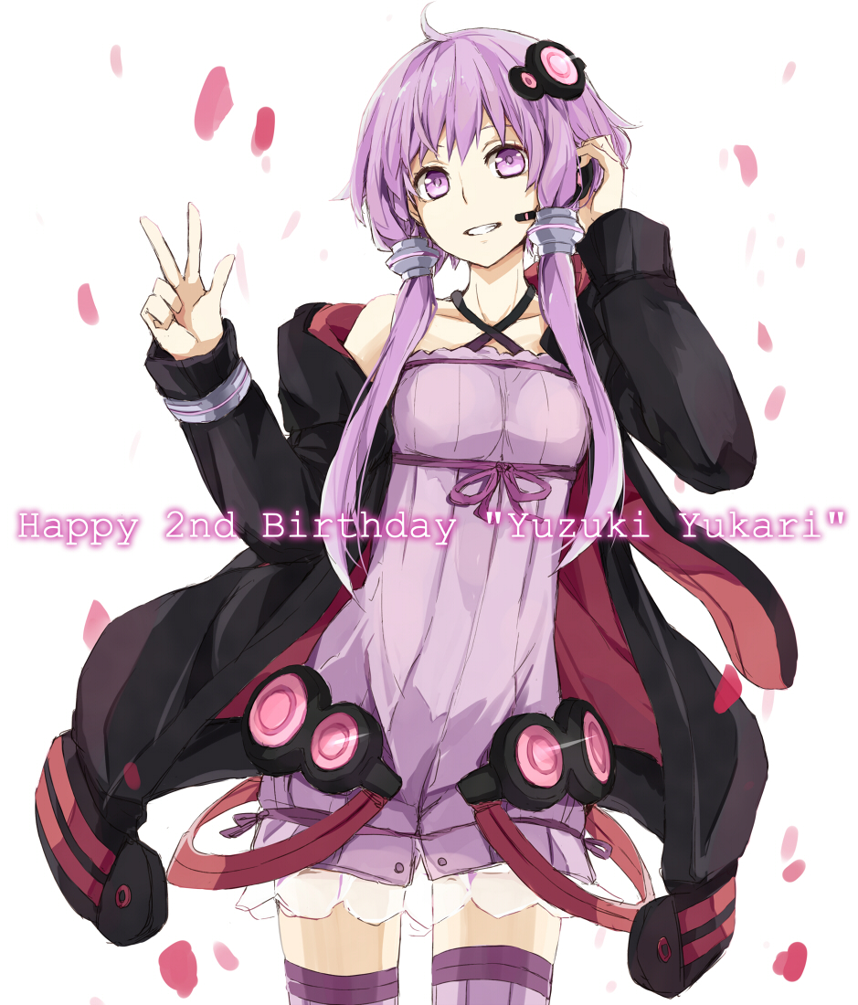 1girl character_name hand_on_headphones happy_birthday headphones headset long_hair purple_hair smile solo thighhighs toromera v violet_eyes vocaloid yuzuki_yukari