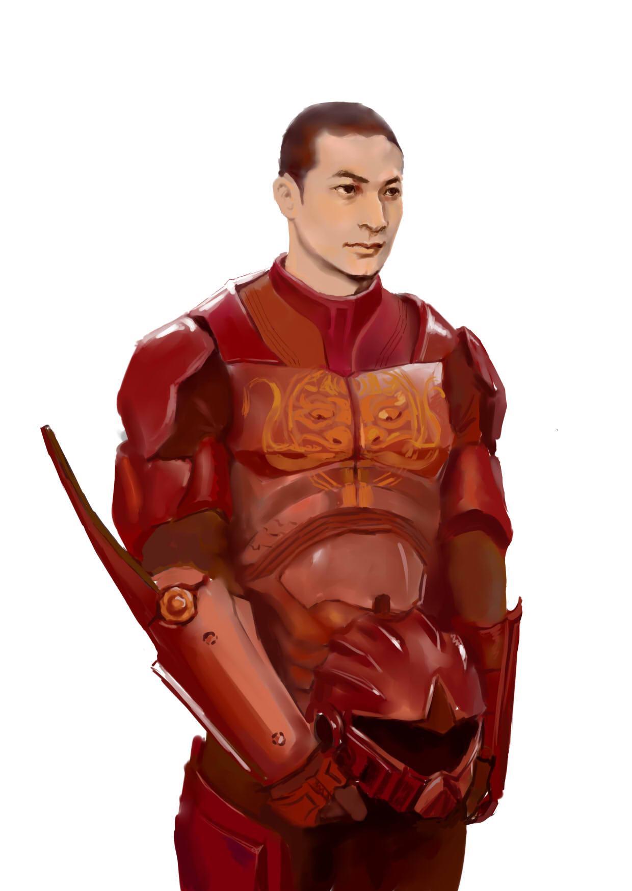 1boy armor cheung_wei_tang chinese drivesuit helmet highres pacific_rim realistic science_fiction short_hair simple_background solo
