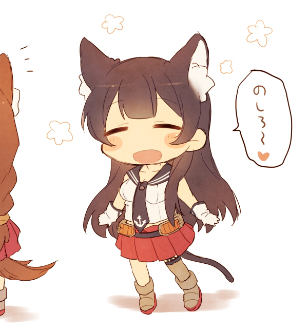 2girls agano_(kantai_collection) animal_ears black_hair blush_stickers braid brown_hair cat_ears cat_tail chibi closed_eyes flower gloves heart kantai_collection long_hair mk multiple_girls noshiro_(kantai_collection) open_mouth personification tail