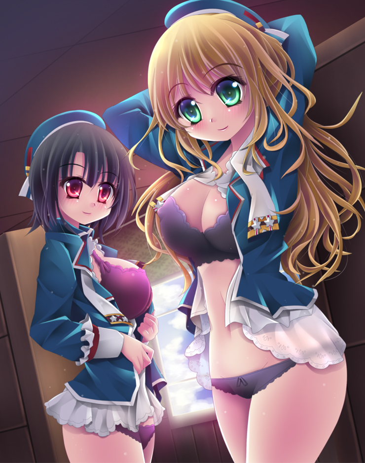 2girls aqua_eyes atago_(kantai_collection) black_hair blonde_hair bra breasts hat kantai_collection large_breasts multiple_girls panties personification red_eyes skf smile takao_(kantai_collection) underwear undressing