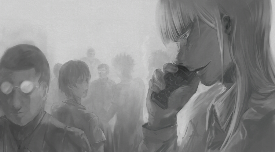 1girl 6+boys black_hair cellphone earpiece glasses greyscale holding_phone jormungand koko_hekmatyar lehm_brick lips long_hair looking_over_shoulder lutz mao_(jormungand) monochrome multiple_boys opaque_glasses open_mouth payot phone pointy_hair renato_socci short_hair talking_on_phone toujou_akihiko ugo uruo very_short_hair white_hair william_nelson