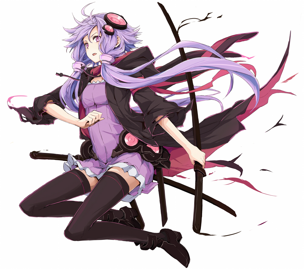 1girl hood katana purple_hair solo sword toromera violet_eyes vocaloid weapon yuzuki_yukari