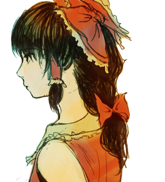 1girl back black_hair bow frilled_bow from_behind hair_bow hair_tubes hakurei_reimu lighting red_bow simple_background sketch solo touhou upper_body uruo white_background