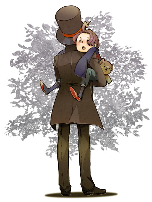 2boys 44 :o ahoge alfendi_layton alternate_costume alternate_eye_color alternate_hairstyle bangs black_eyes blush child father_and_son from_behind hand_on_another's_shoulder hat hershel_layton long_sleeves male multiple_boys open_mouth pants parted_bangs professor_layton sleeves_past_wrists stuffed_animal stuffed_toy teddy_bear top_hat wavy_hair white_background younger