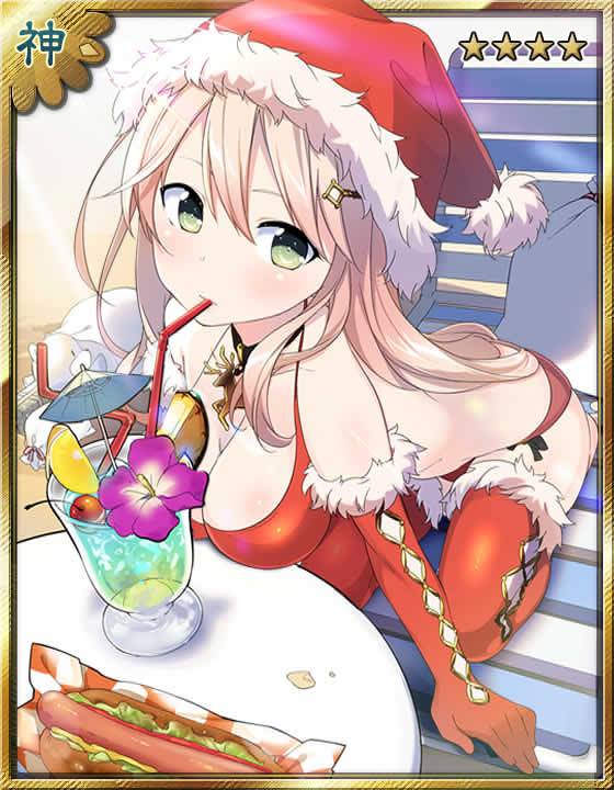 1girl artist_request ayakashi_ghost_guild bikini blonde_hair blush christmas drink drinking gloves green_eyes hairclip hat long_hair red_legwear santa_hat solo source_request thighhighs