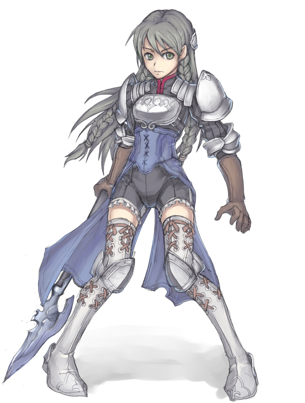 1girl armor boots braid full_body gloves greaves grey_eyes grey_hair long_hair pauldrons pigeon-toed polearm ravness_loxaerion shorts simple_background solo spear tactics_ogre thigh_boots thighhighs toranohige_(pixiv) twin_braids weapon