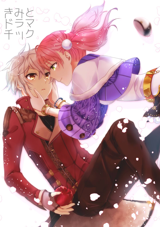 1boy 1girl apple atelier_(series) atelier_escha_&amp;_logy bracelet braid brown_eyes couple escha_malier eye_contact food fruit green_eyes hands_on_another's_cheeks hands_on_another's_face hetero jacket jewelry logix_ficsario looking_at_another nagonmaou pants pink_hair shawl short_hair smile twintails white_background white_hair