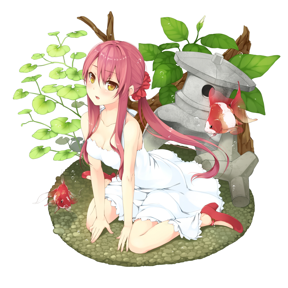 1girl bare_shoulders breasts bubble cleavage collarbone dress fish goldfish looking_at_viewer open_mouth original ponytail red_shoes redhead revision scrunchie shoes sitting sleeveless sleeveless_dress solo stone_lantern tetrapod unasaka_ryou underwater wariza white_dress yellow_eyes