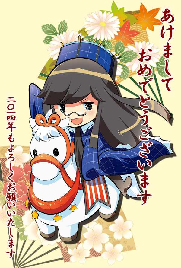1girl 2014 blue_dress blue_eyes brown_hair chibi dei_shirou dress fan folding_fan glasses happy_new_year hat horse long_hair looking_at_viewer mecha_musume minerva_(spacecraft) open_mouth original sitting smile solo translated waving