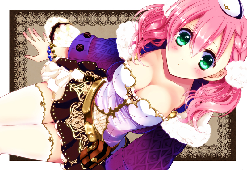 1girl amiko_(frostedchocolate) atelier_(series) atelier_escha_&amp;_logy blush bracelet braid breasts cleavage collarbone escha_malier french_braid from_above green_eyes hat jewelry looking_up pink_hair short_hair sitting skirt solo thighhighs twintails white_legwear