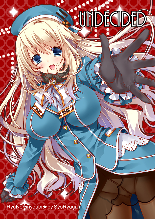 1girl :d atago_(kantai_collection) beret black_gloves blonde_hair blue_eyes blush breasts gloves hat kantai_collection large_breasts long_hair military military_uniform open_mouth outstretched_hand panties panties_under_pantyhose pantyhose personification ryuuga_shou smile solo underwear uniform