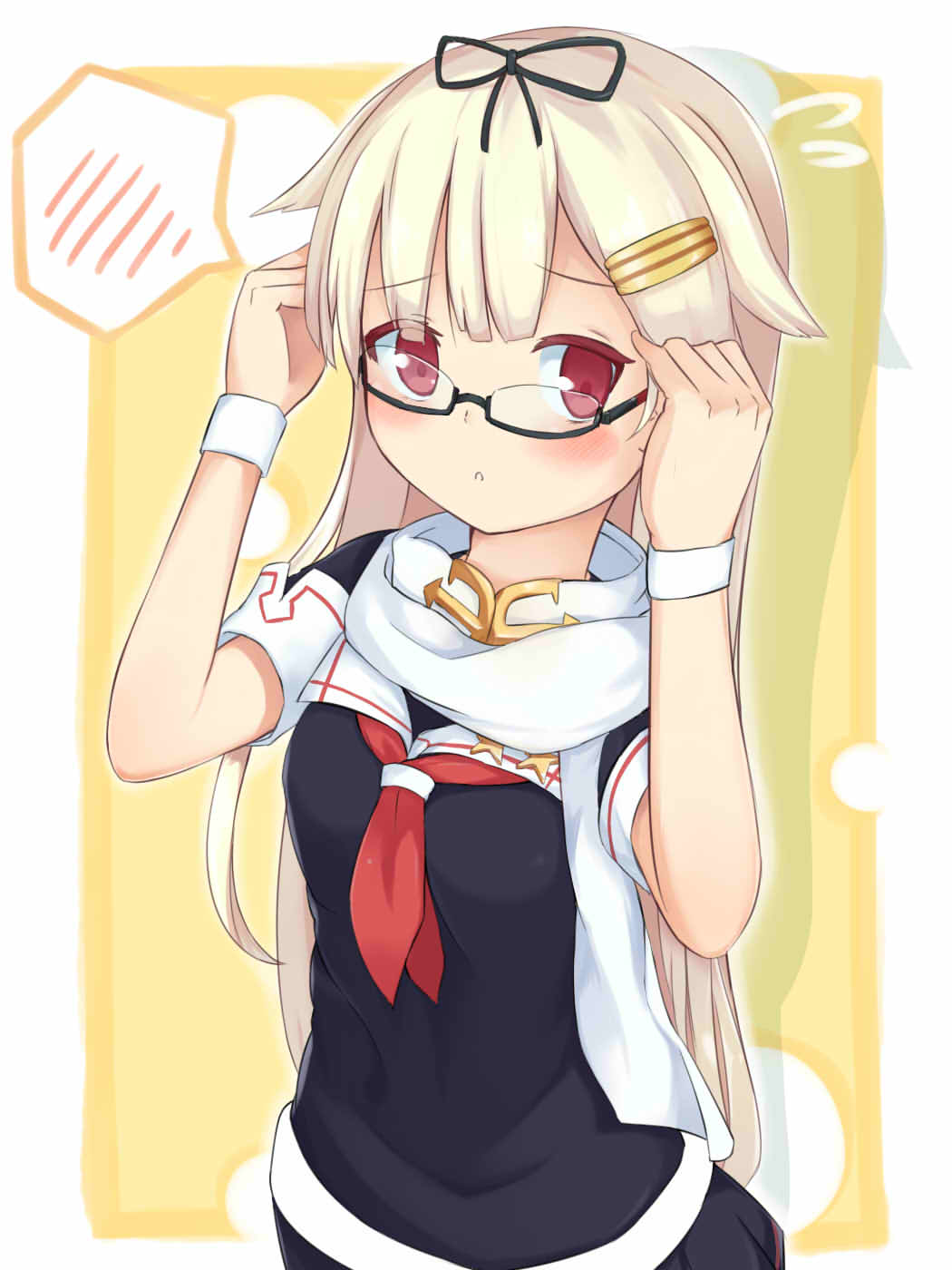 1girl blonde_hair glasses hair_ornament hair_ribbon hairclip highres kantai_collection komainu_akira long_hair red_eyes ribbon scarf school_uniform solo wrist_cuffs yuudachi_(kantai_collection)