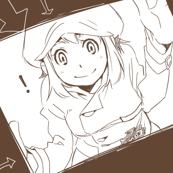 ! 1girl arrow badge bent_over cabbie_hat detective dutch_angle foreshortening frame hat leaning long_sleeves looking_at_viewer lucy_creila monochrome professor_layton short_hair smile solo