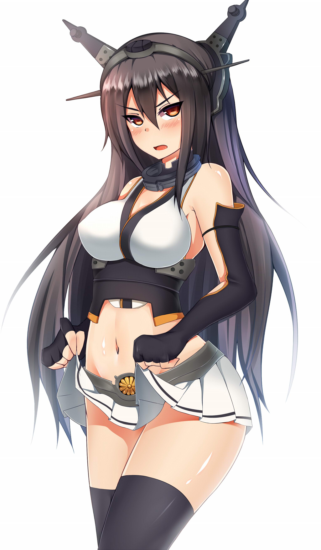 1girl armpits blush brown_hair fingerless_gloves gloves hairband highres kantai_collection long_hair looking_at_viewer midriff nagato_(kantai_collection) navel open_mouth personification red_eyes skirt skirt_lift solo stealthbird thighhighs