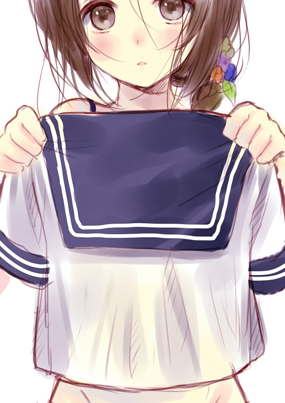 1girl blush clothes_in_front flower hair_flower hair_ornament hanekoto original parted_lips school_uniform serafuku simple_background solo white_background