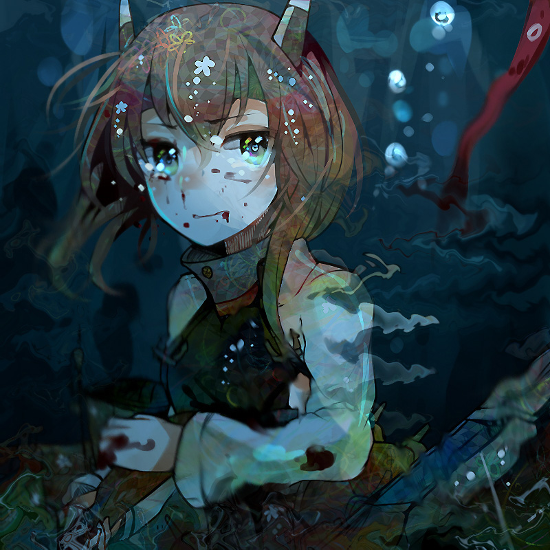 1girl armor blood blood_in_mouth blush bow_(weapon) brown_eyes brown_hair bubble crossbow damaged headband headgear itomugi-kun kantai_collection personification short_hair skirt solo taihou_(kantai_collection) tears torn_clothes underwater weapon