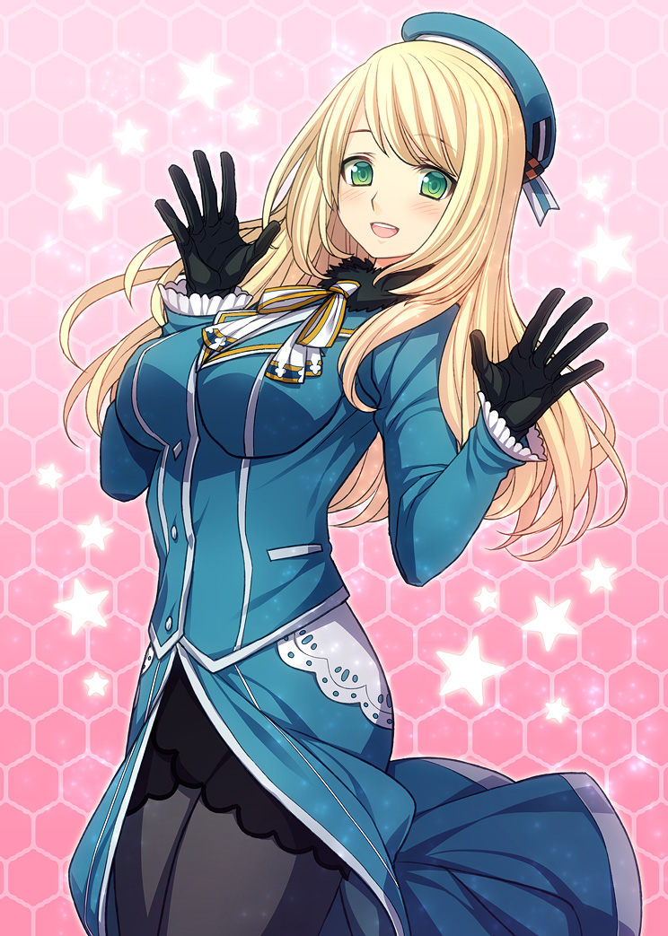 1girl :d atago_(kantai_collection) beret black_gloves blonde_hair blue_hat blush breasts gloves green_eyes hat hex_grid kantai_collection large_breasts long_hair military military_uniform open_mouth pantyhose personification smile solo star uniform yuko_(indian_break)