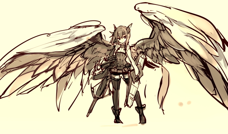 1girl angel_wings black_legwear boots bow_(weapon) crossbow hair_ornament kantai_collection looking_at_viewer makura-ko_(nacoll) monochrome personification pigeon-toed solo taihou_(kantai_collection) thighhighs weapon wings